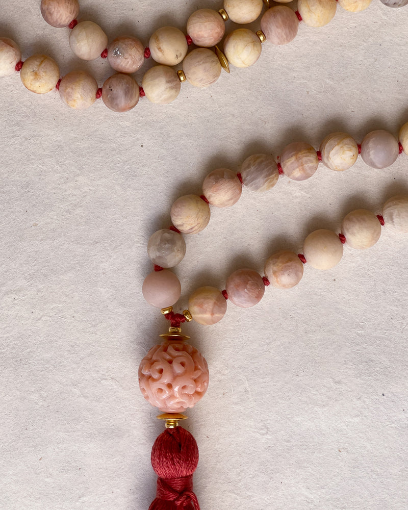 PURE POSITIVITY : yellow sunstone + pink carved opal mala