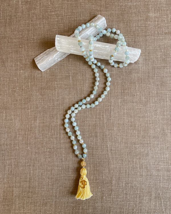 CALM WITHIN : aquamarine + yellow rutilated quartz mala