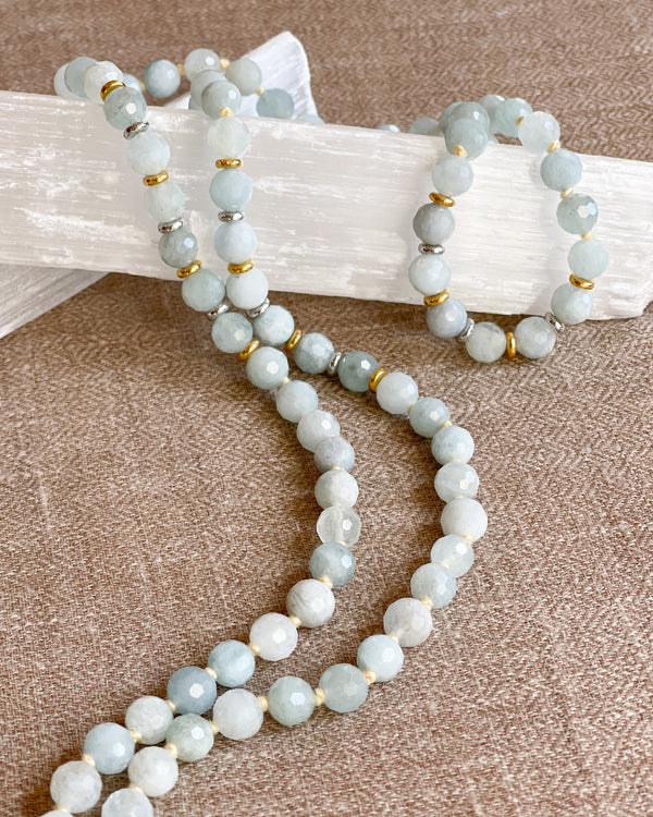 CALM WITHIN : aquamarine + yellow rutilated quartz mala