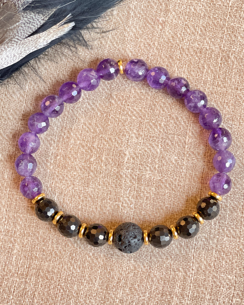 faceted amethyst + faceted jet + lava rock bracelet